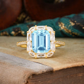 4CT Emerald Cut 8 Prong Aquamarine Engagement Ring Pave Halo Bridal Ring